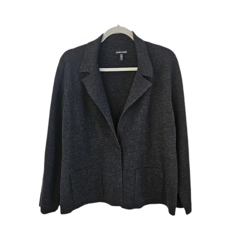 Eileen Fisher 100% Merino Wool Sweater Blazer Button Front Gray L